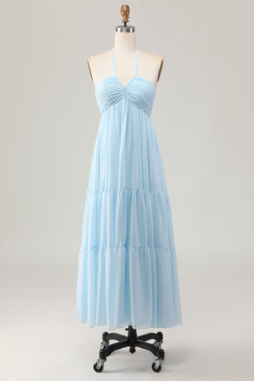 Sky Blue Halter Neck A Line Long Bridesmaid Dress